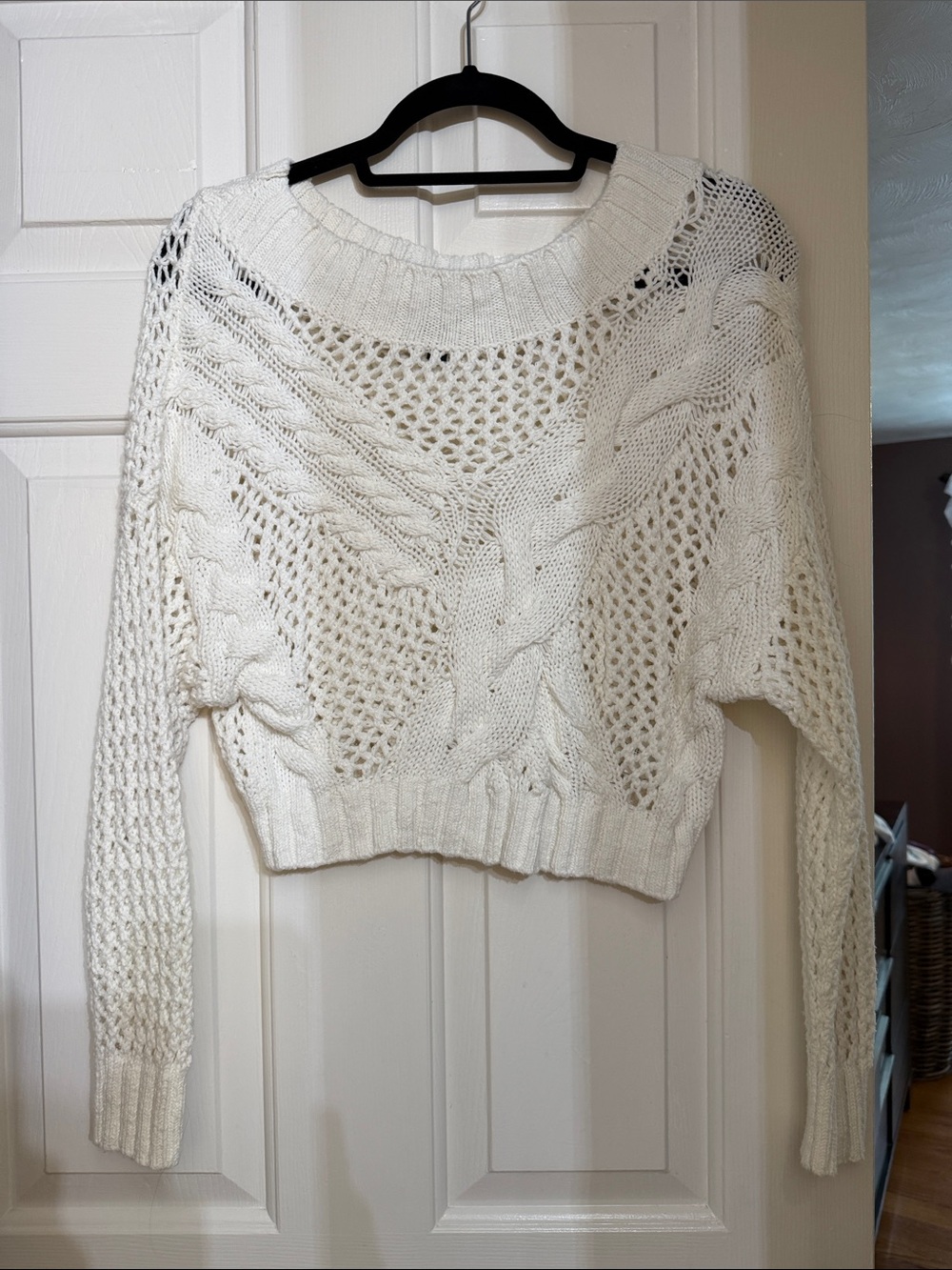 White Cable Knit Cropped Sweater - Women